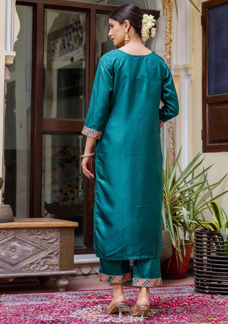 Rama Green Embroidered Art Silk Salwar Kameez With Dupatta