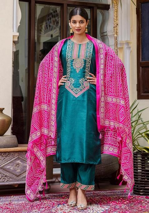 Rama Green Embroidered Silk Straight Kurta Set