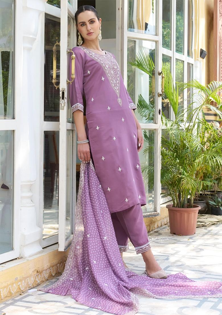 Lavender Embroidered Silk Blend Salwar Kameez With Dupatta