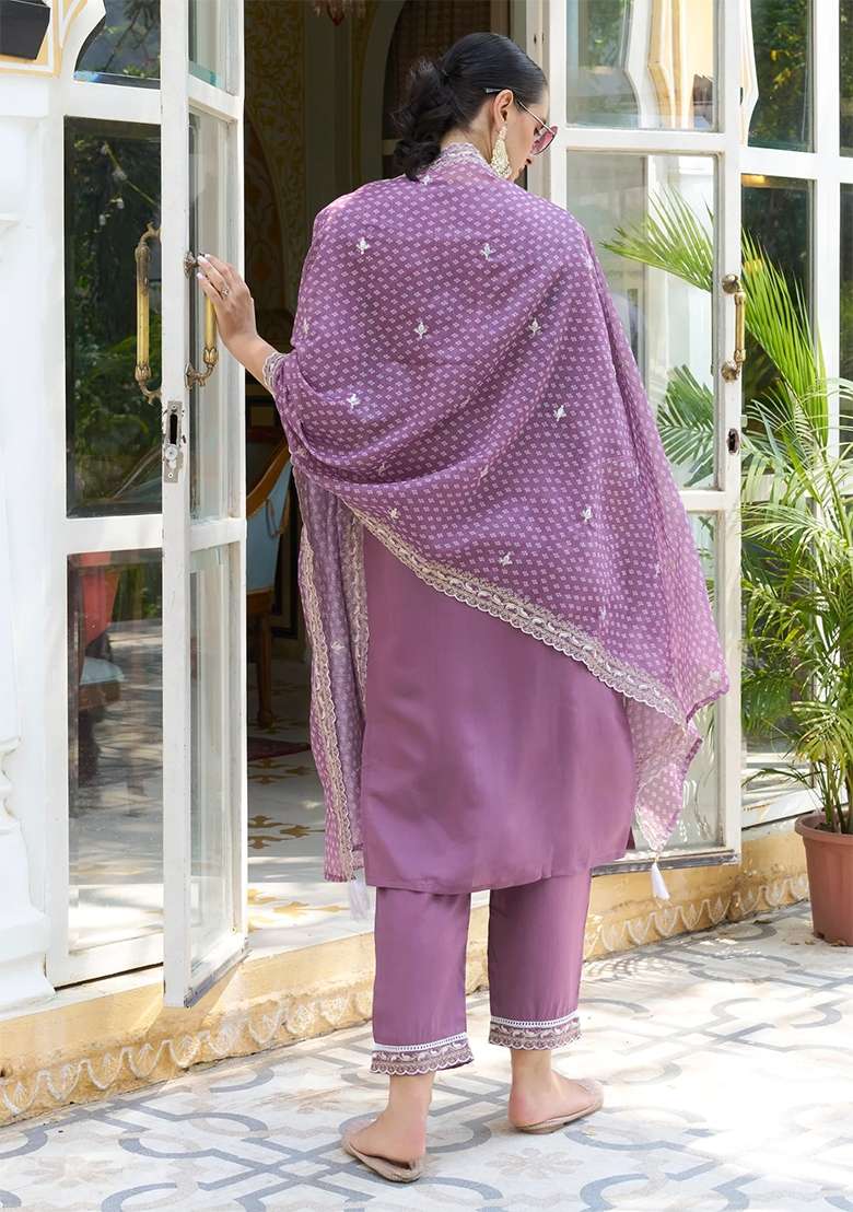 Lavender Embroidered Silk Blend Straight Kurta Set - Indya