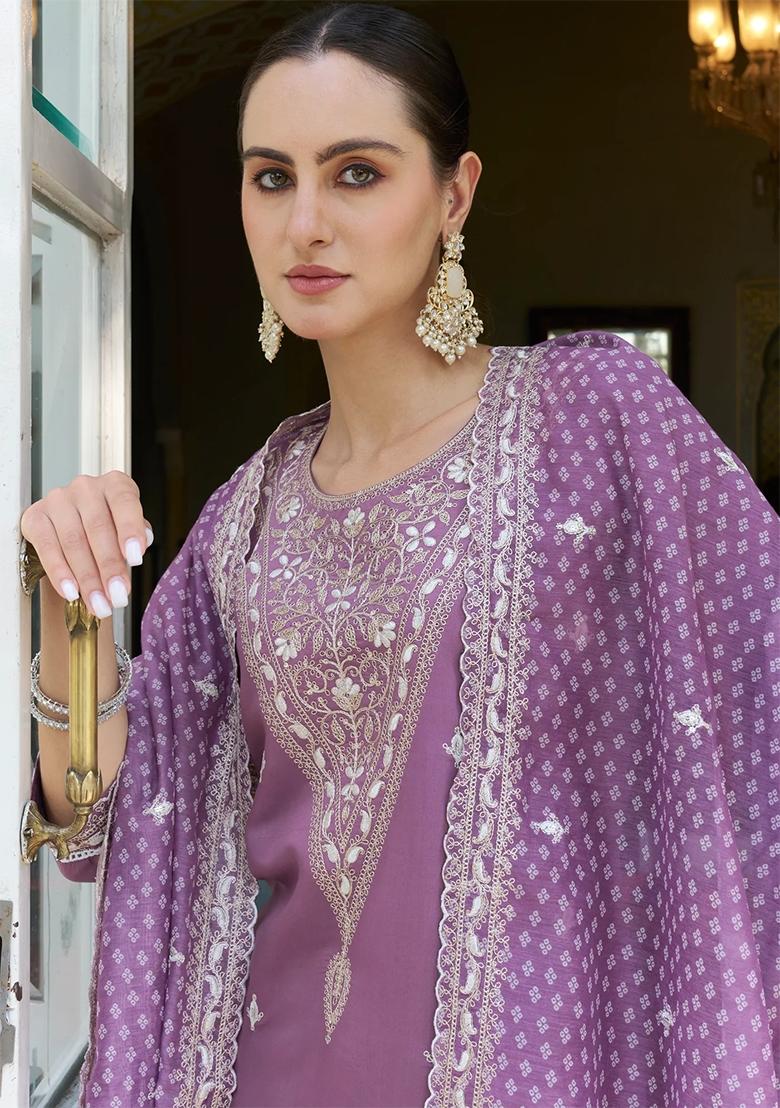 Lavender Embroidered Silk Blend Salwar Kameez With Dupatta