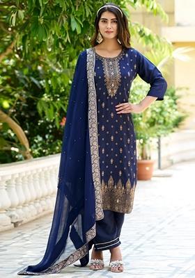 Blue Woven Viscose Rayon Salwar Kameez With Dupatta