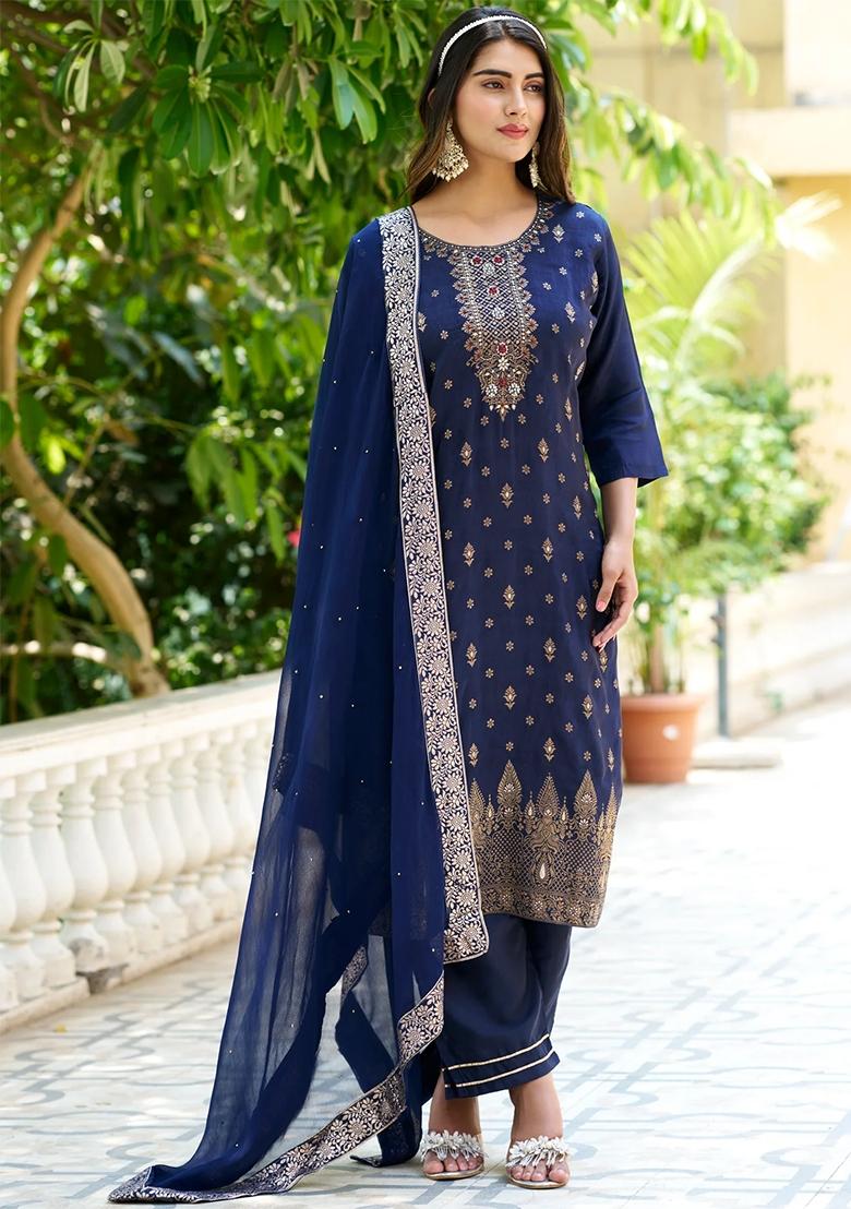 Blue Woven Viscose Rayon Salwar Kameez With Dupatta