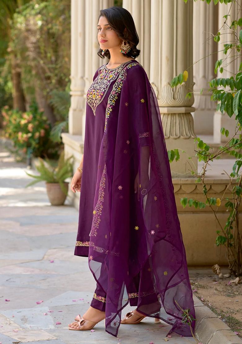 Purple Embroidered Viscose Rayon Salwar Kameez With Dupatta