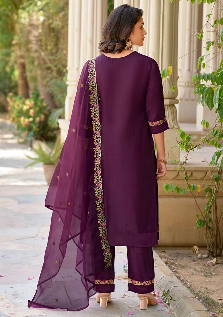Purple Embroidered Viscose Straight Kurta Set - Indya
