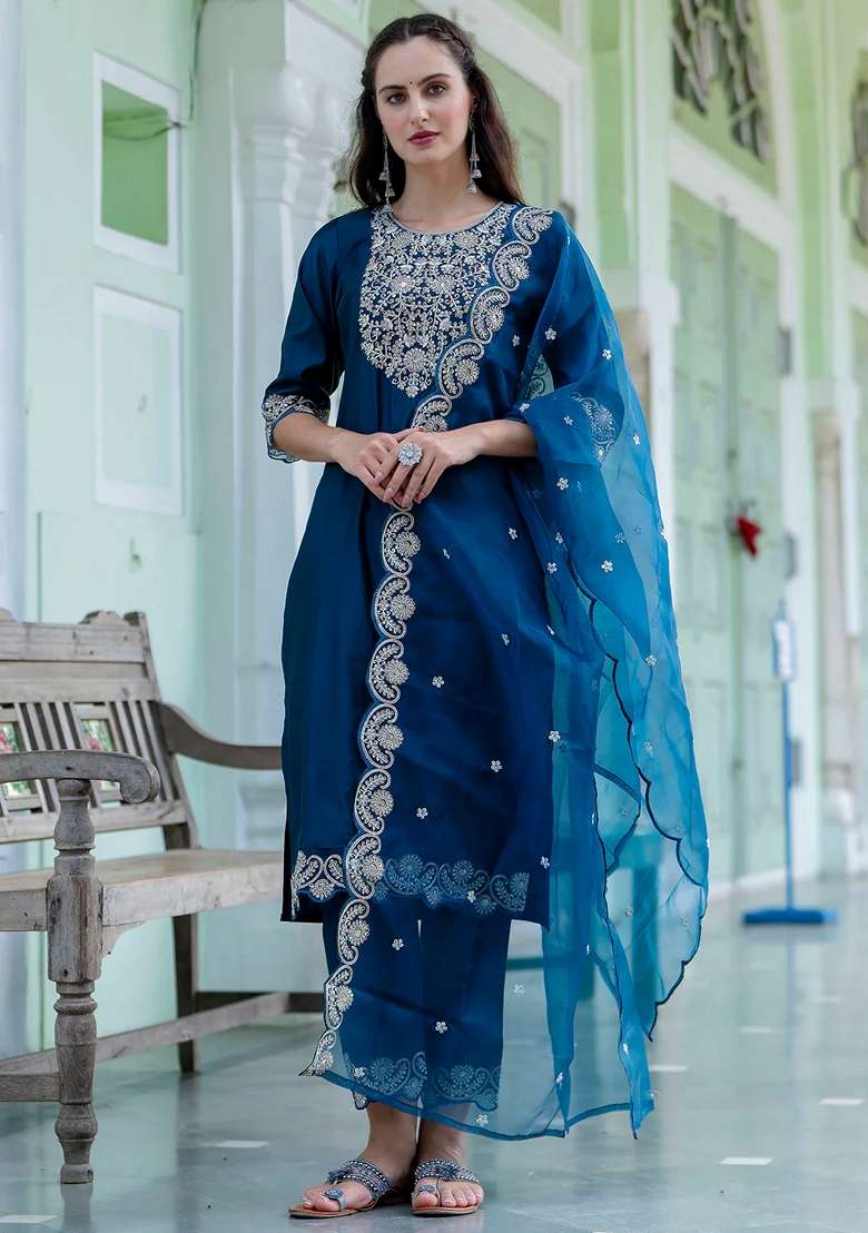 Teal Blue Embroidered Silk Blend Straight Kurta Set - Indya