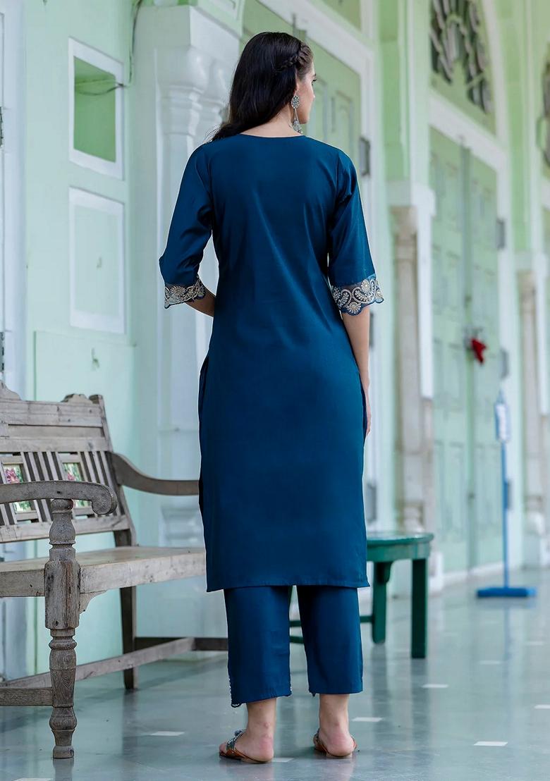 Teal Blue Embroidered Silk Blend Salwar Kameez With Dupatta