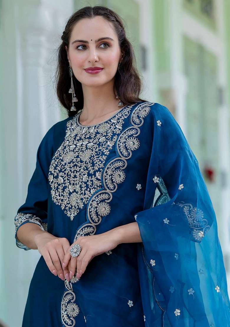 Teal Blue Embroidered Silk Blend Straight Kurta Set - Indya