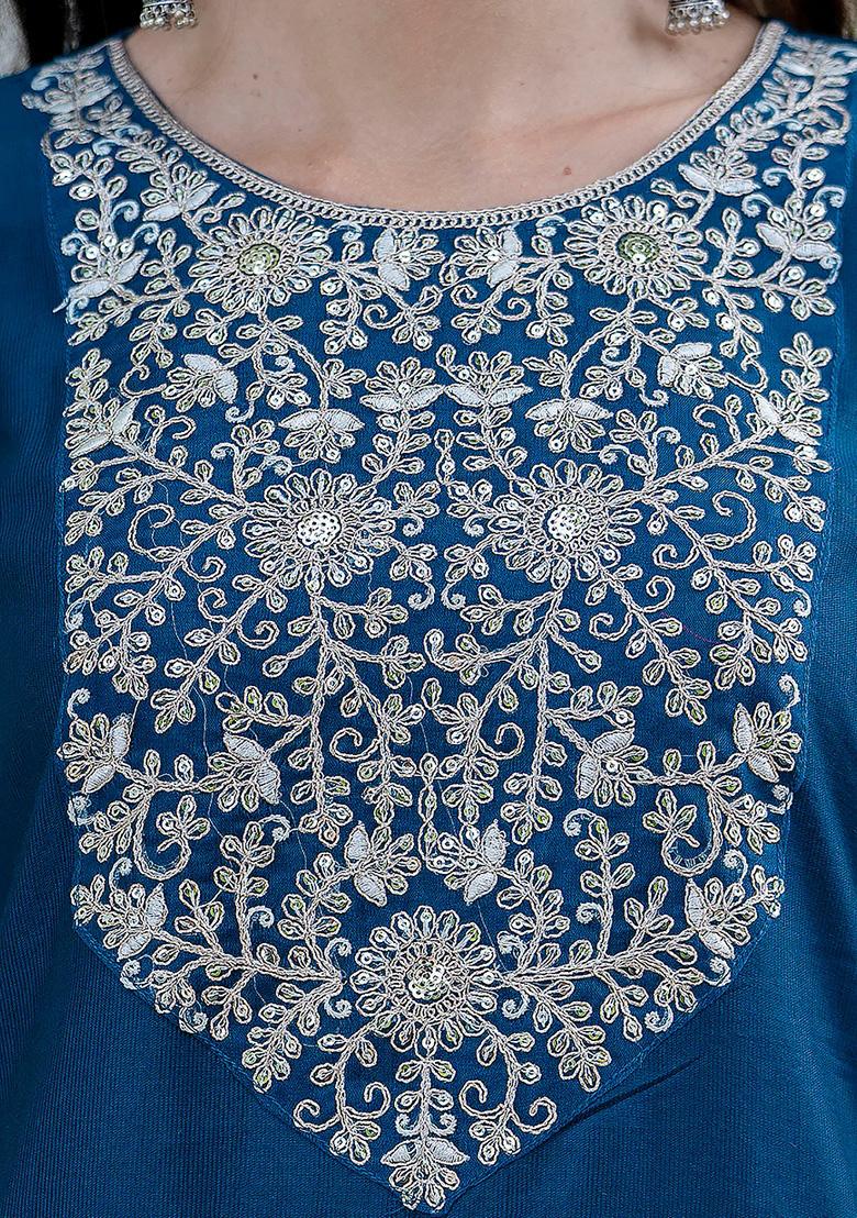 Teal Blue Embroidered Silk Blend Salwar Kameez With Dupatta