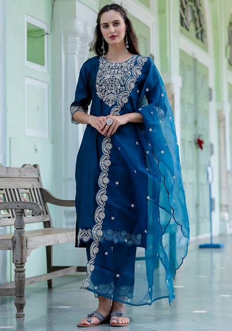 Teal Blue Embroidered Silk Blend Straight Kurta Set