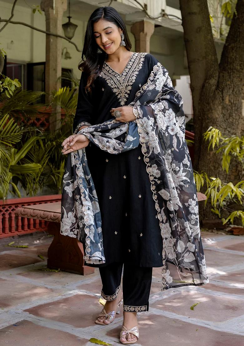 Black Embroidered Viscose Rayon Salwar Kameez With Dupatta
