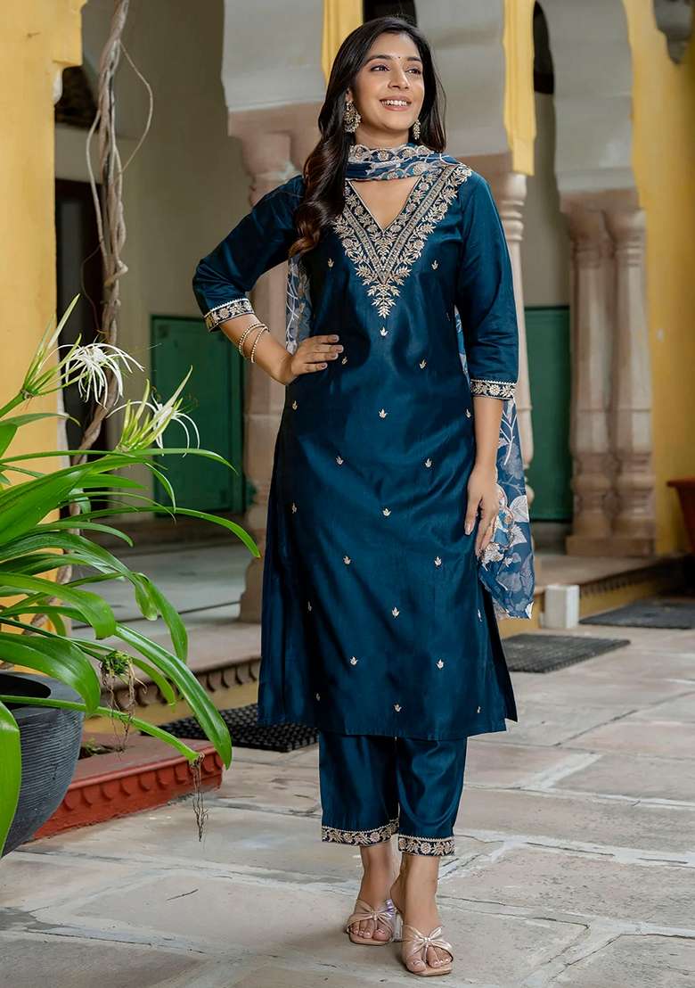 Teal Blue Embroidered Viscose Straight Kurta Set - Indya