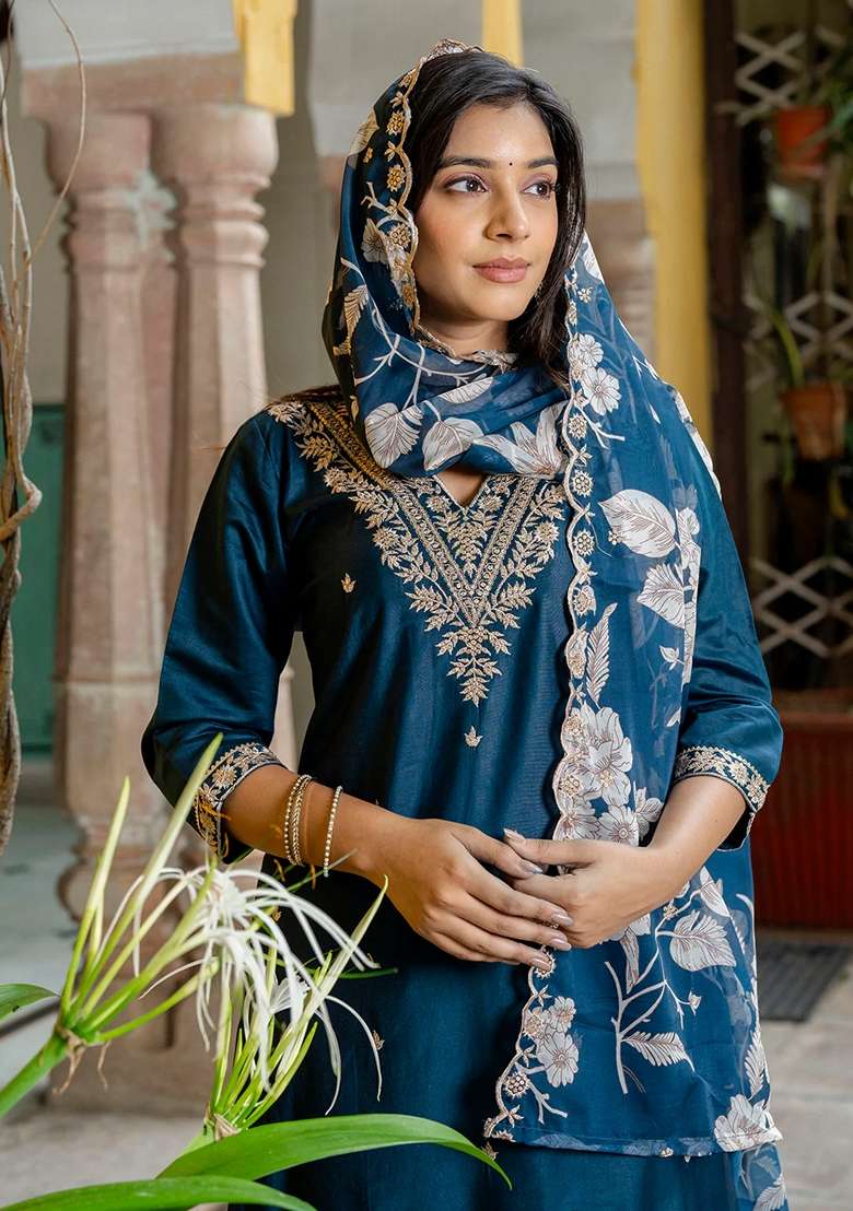 Teal Blue Embroidered Viscose Straight Kurta Set - Indya
