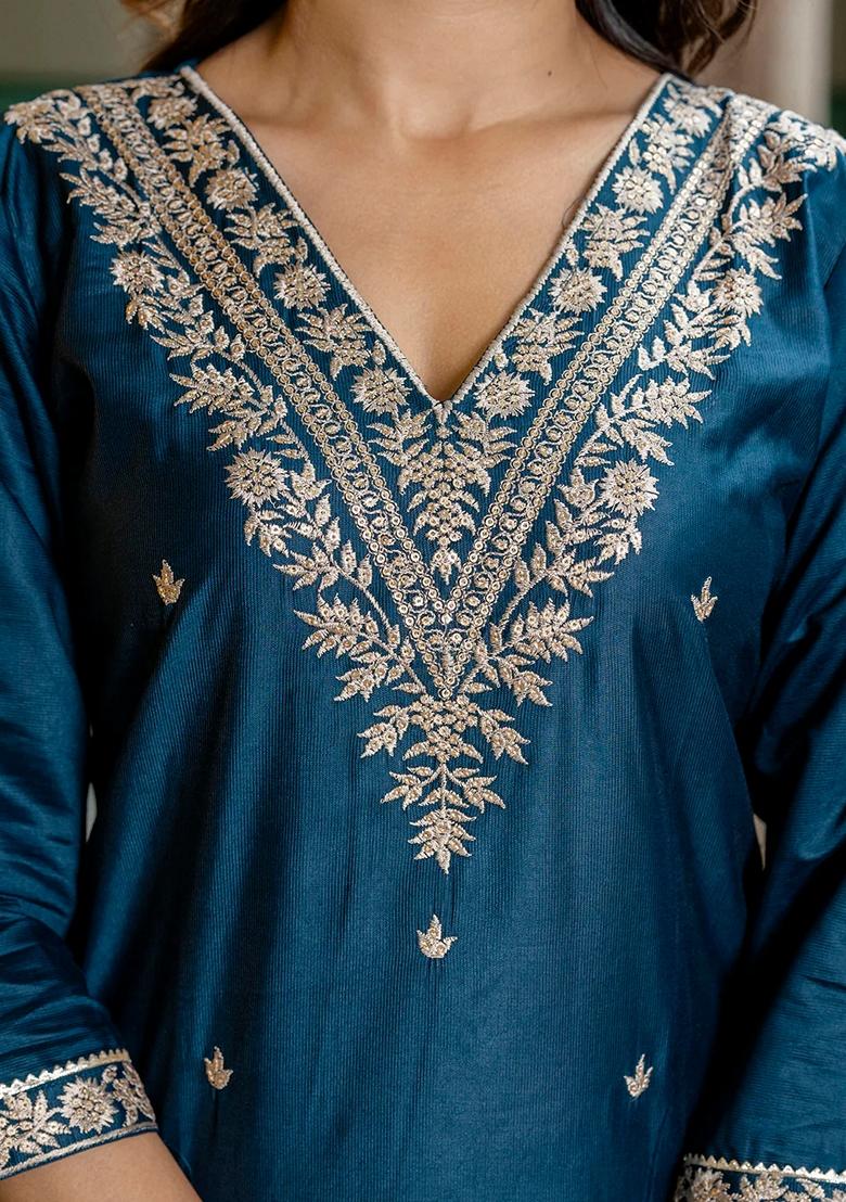 Teal Blue Embroidered Viscose Rayon Salwar Kameez With Dupatta