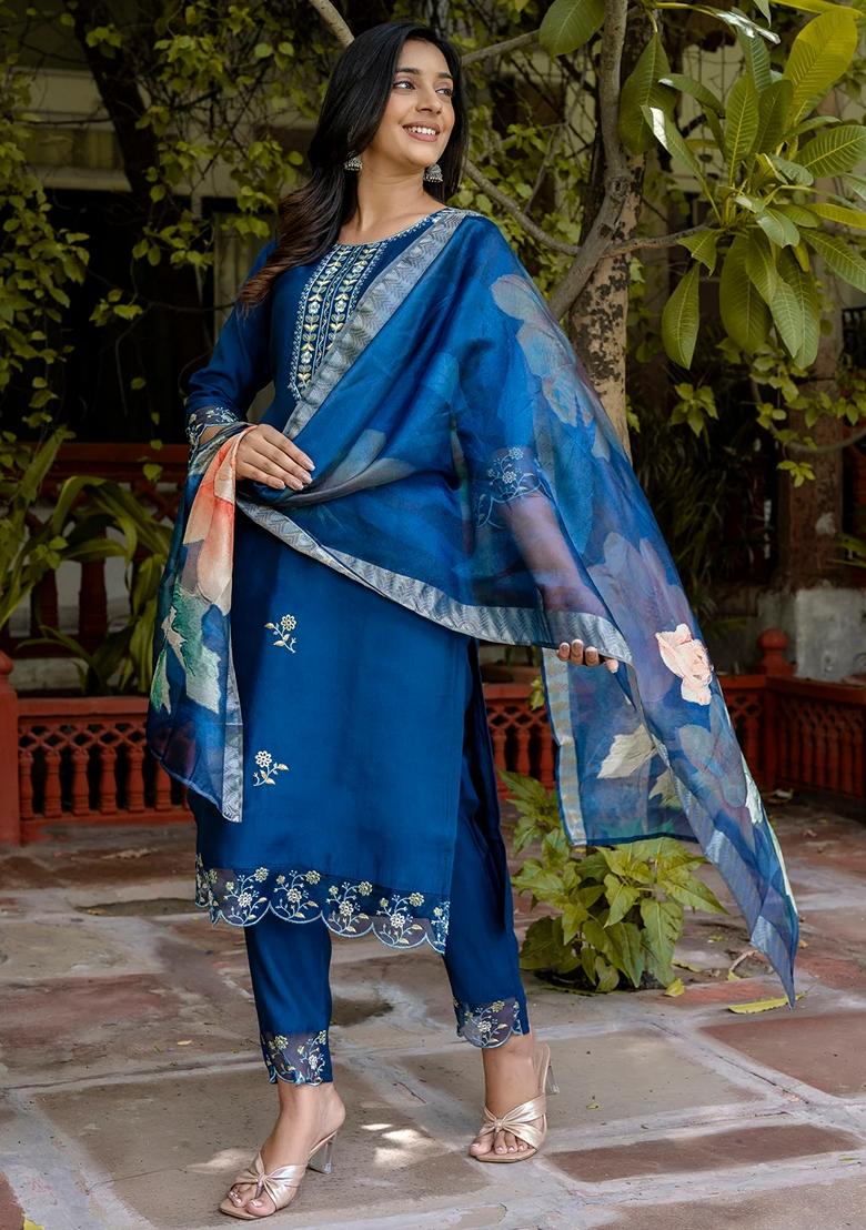 Blue Embroidered Silk Salwar Kameez With Dupatta