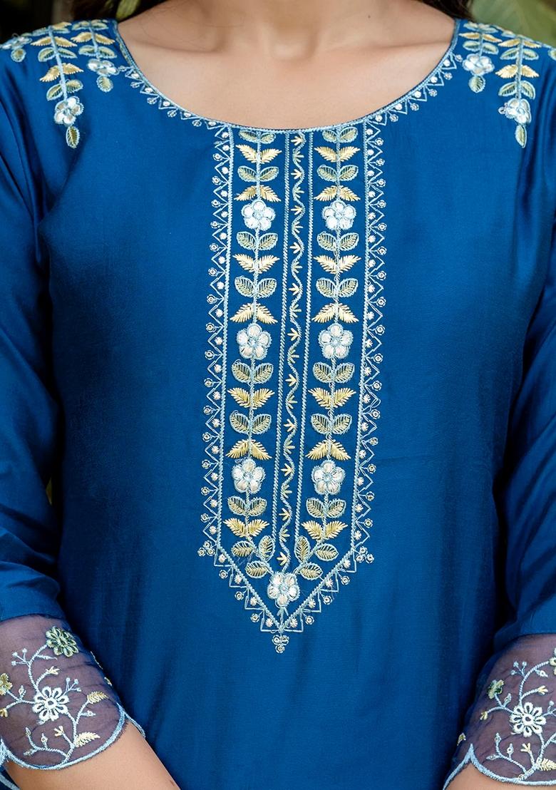 Blue Embroidered Silk Salwar Kameez With Dupatta