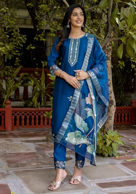 Blue Embroidered Silk Blend Straight Kurta Set