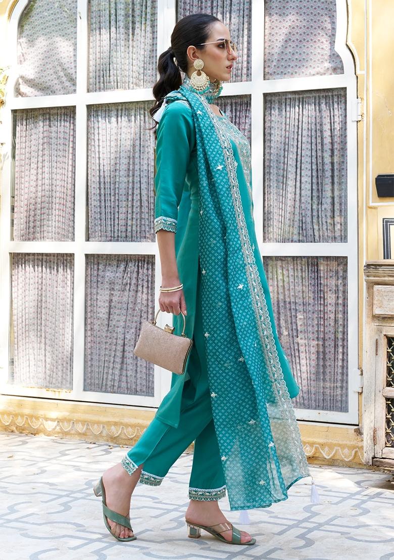 Teal Blue Embroidered Silk Blend Salwar Kameez With Dupatta