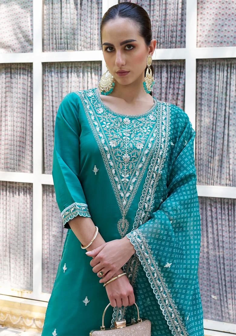 Teal Blue Embroidered Silk Blend Salwar Kameez With Dupatta