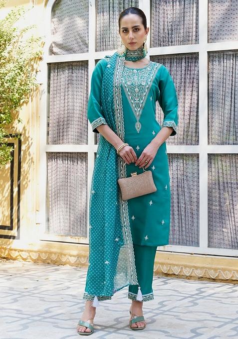 Teal Blue Embroidered Silk Pakistani Suit Set