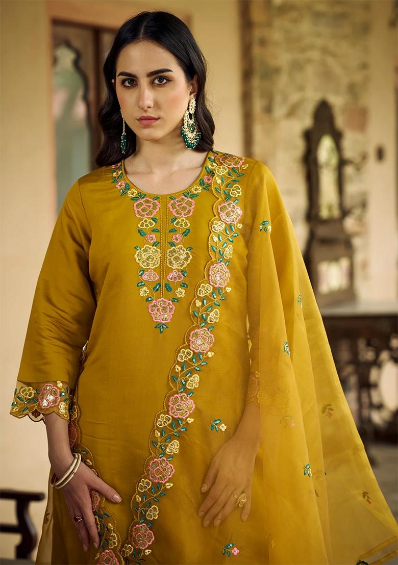 Mustard Yellow Embroidered Silk Salwar Kameez With Dupatta