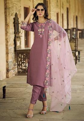 Purple Embroidered Silk Salwar Kameez With Dupatta