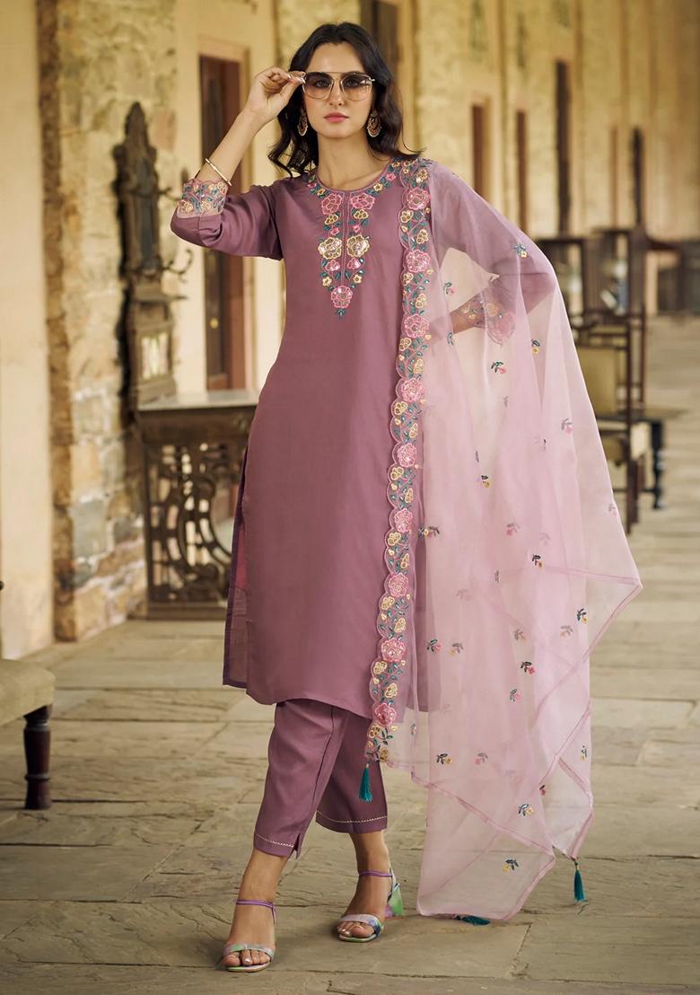 Purple Embroidered Silk Salwar Kameez With Dupatta