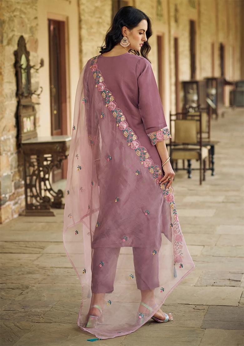 Purple Embroidered Silk Salwar Kameez With Dupatta