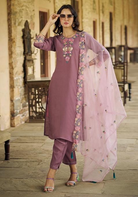 Purple Embroidered Silk Straight Kurta Set