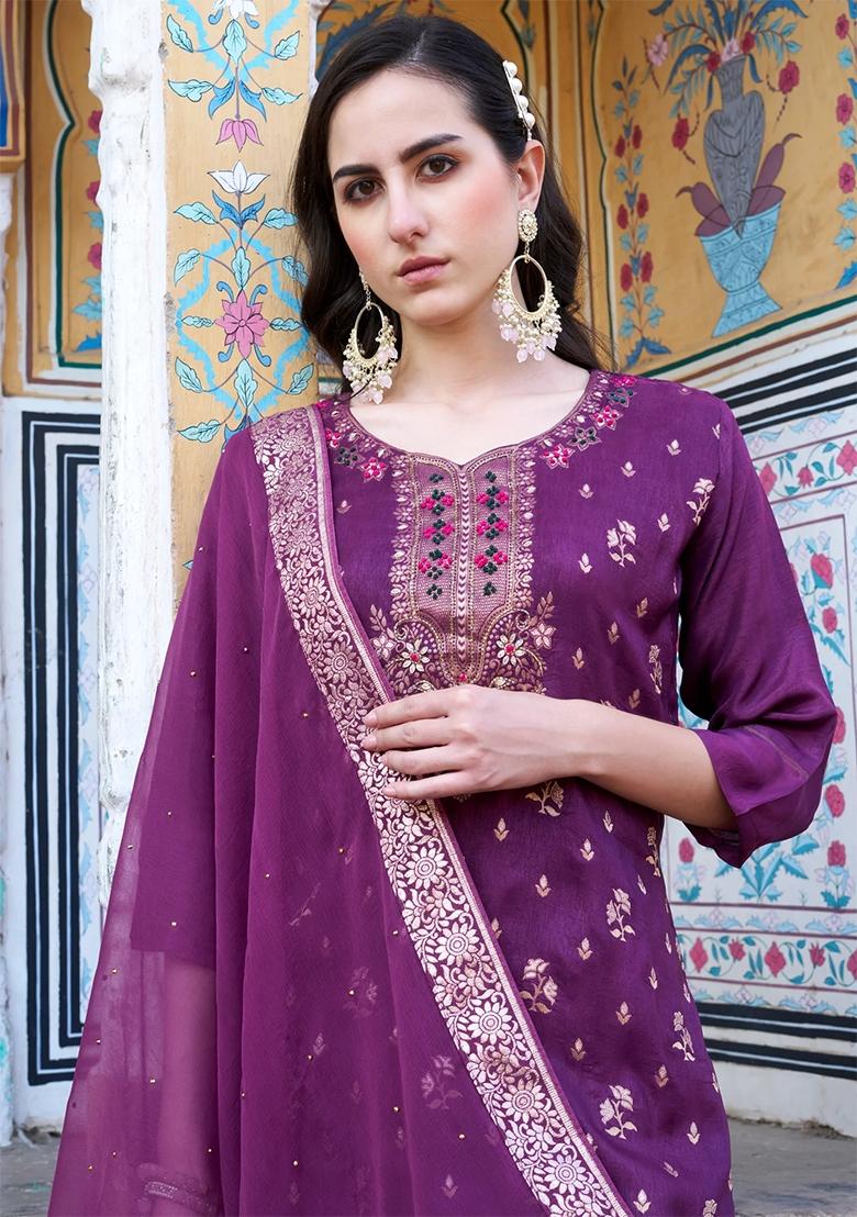 Purple Woven Viscose Rayon Salwar Kameez With Dupatta