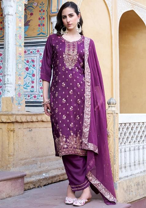 Purple Embroidered Viscose Pakistani Suit Set — view on Indya