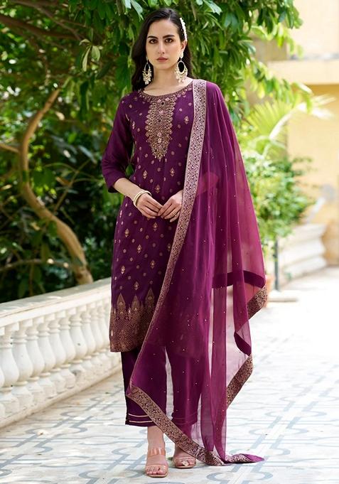 Purple Embroidered Viscose Pakistani Suit Set — view on Indya