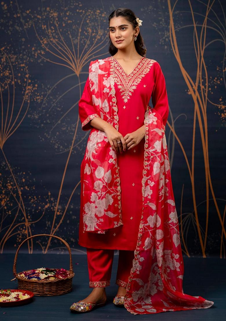 Pink Embroidered Viscose Rayon Salwar Kameez With Dupatta