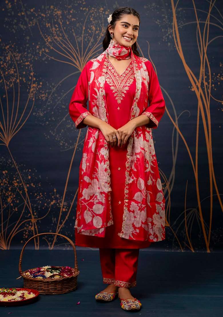 Pink Embroidered Viscose Straight Kurta Set - Indya