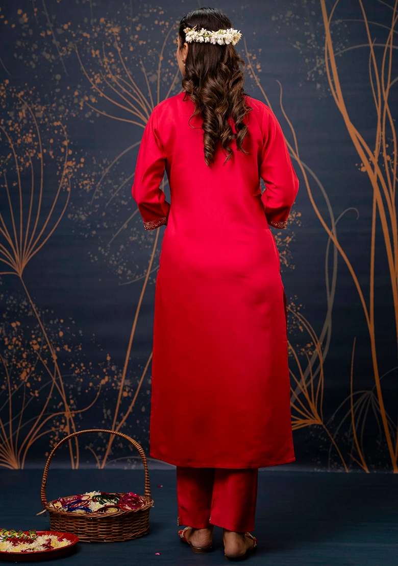 Pink Embroidered Viscose Straight Kurta Set - Indya