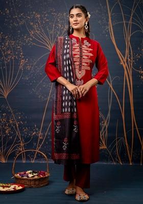 Maroon Embroidered Pure Cotton Salwar Kameez With Dupatta