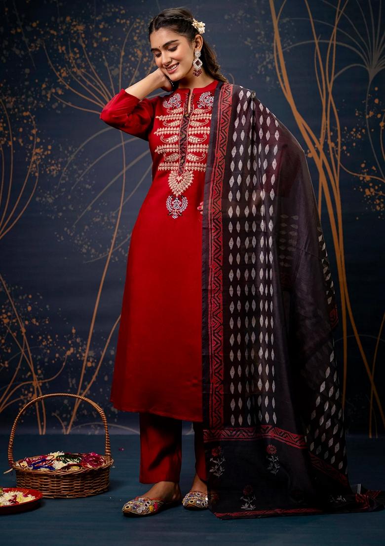 Maroon Embroidered Pure Cotton Salwar Kameez With Dupatta