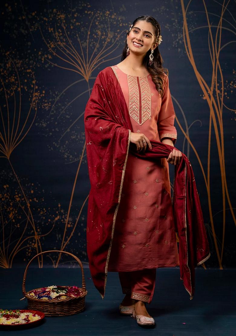Peach Embroidered Chanderi Salwar Kameez With Dupatta