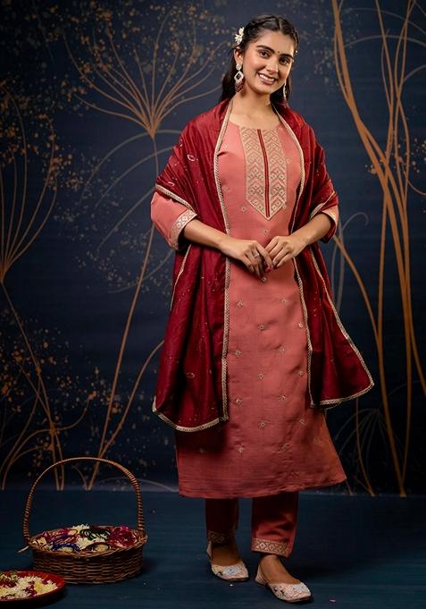 Peach Embroidered Chanderi Straight Kurta Set