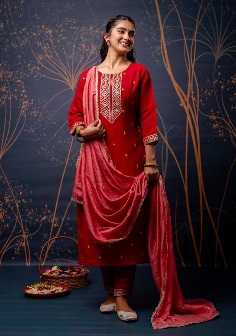 Red Embroidered Chanderi Salwar Kameez With Dupatta