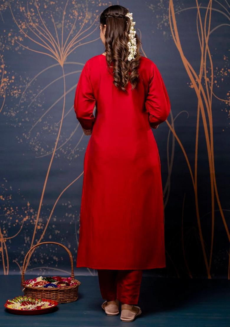 Red Embroidered Chanderi Salwar Kameez With Dupatta