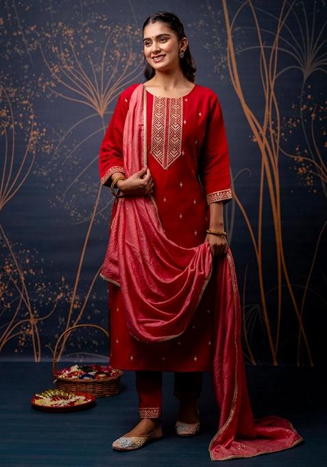 Red Embroidered Chanderi Salwar Kameez With Dupatta