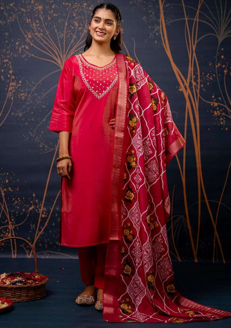 Pink Embroidered Silk Blend Salwar Kameez With Dupatta - Indya