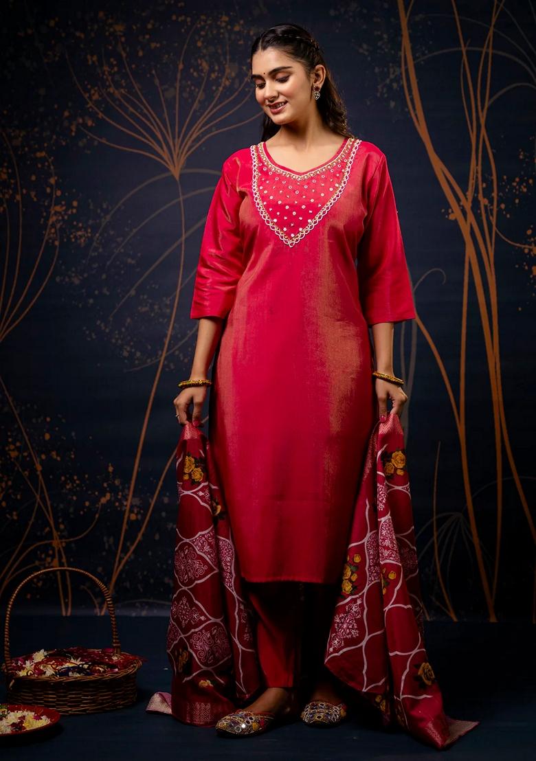 Pink Embroidered Silk Blend Salwar Kameez With Dupatta