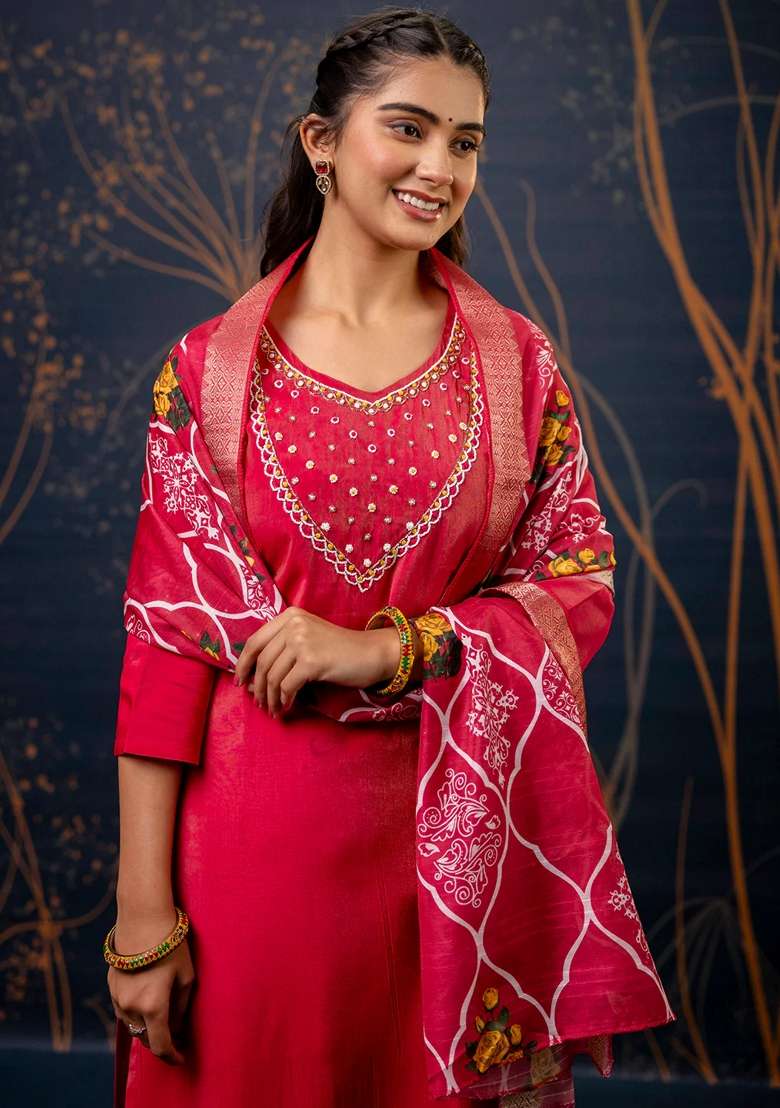 Pink Embroidered Silk Blend Salwar Kameez With Dupatta - Indya