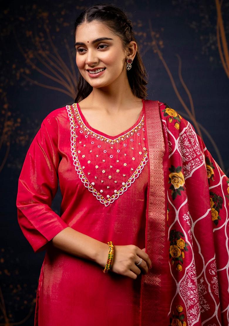 Pink Embroidered Silk Blend Salwar Kameez With Dupatta