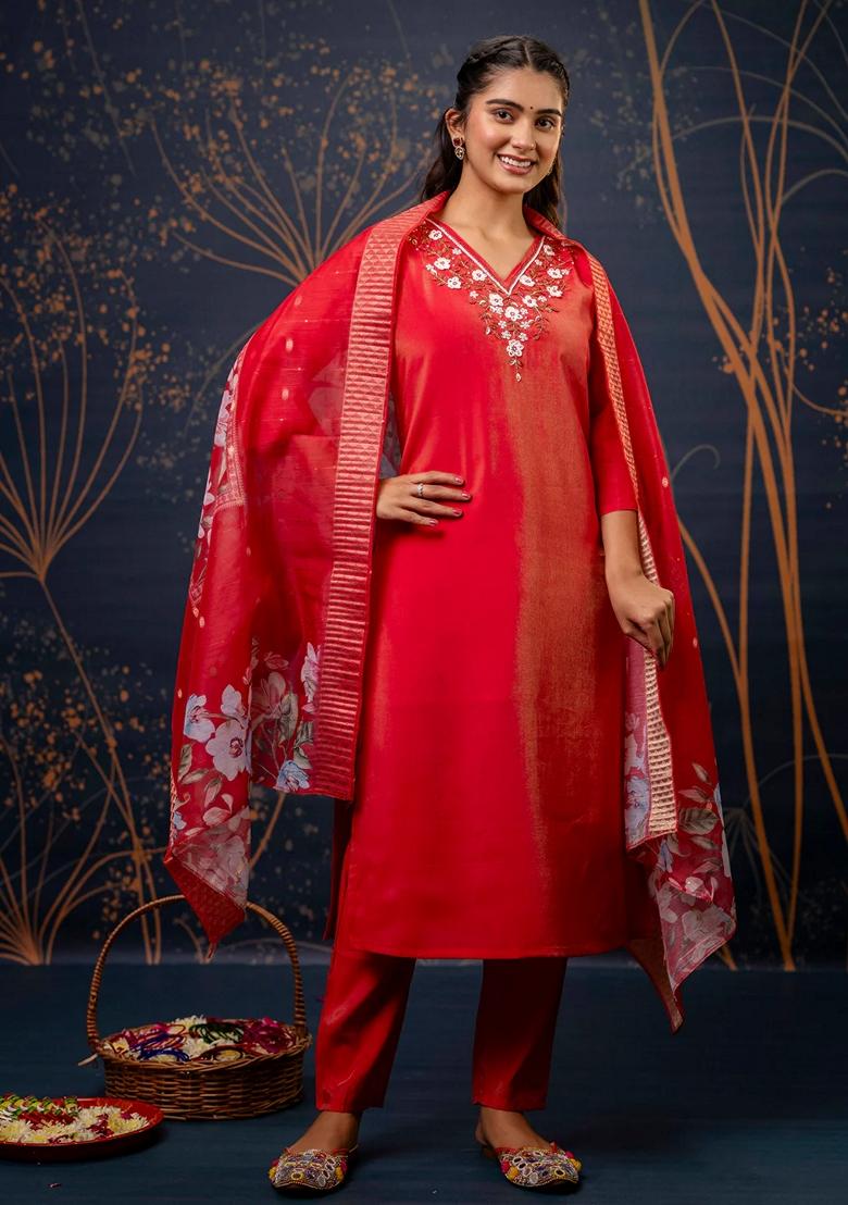 Red Embroidered Silk Blend Salwar Kameez With Dupatta
