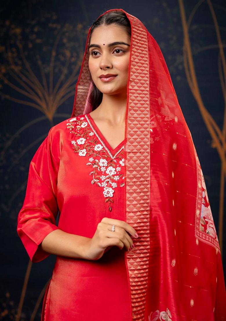 Red Embroidered Silk Blend Salwar Kameez With Dupatta