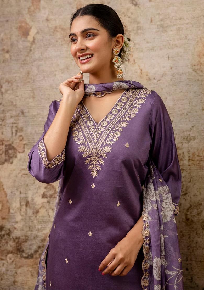 Lavender Embroidered Viscose Rayon Salwar Kameez With Dupatta