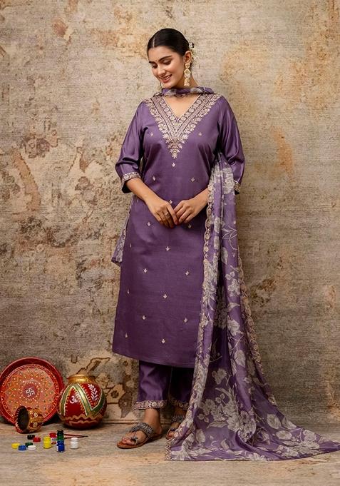 Lavender Embroidered Viscose Straight Kurta Set